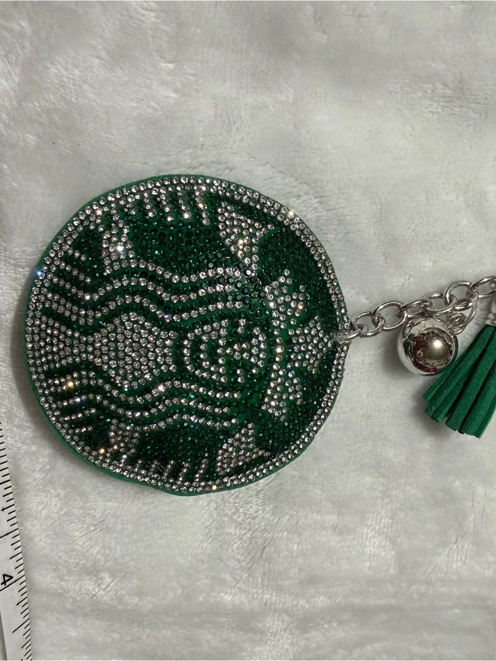 Inspired Rhinestone Logo Keychain with Silver Tassel Charm